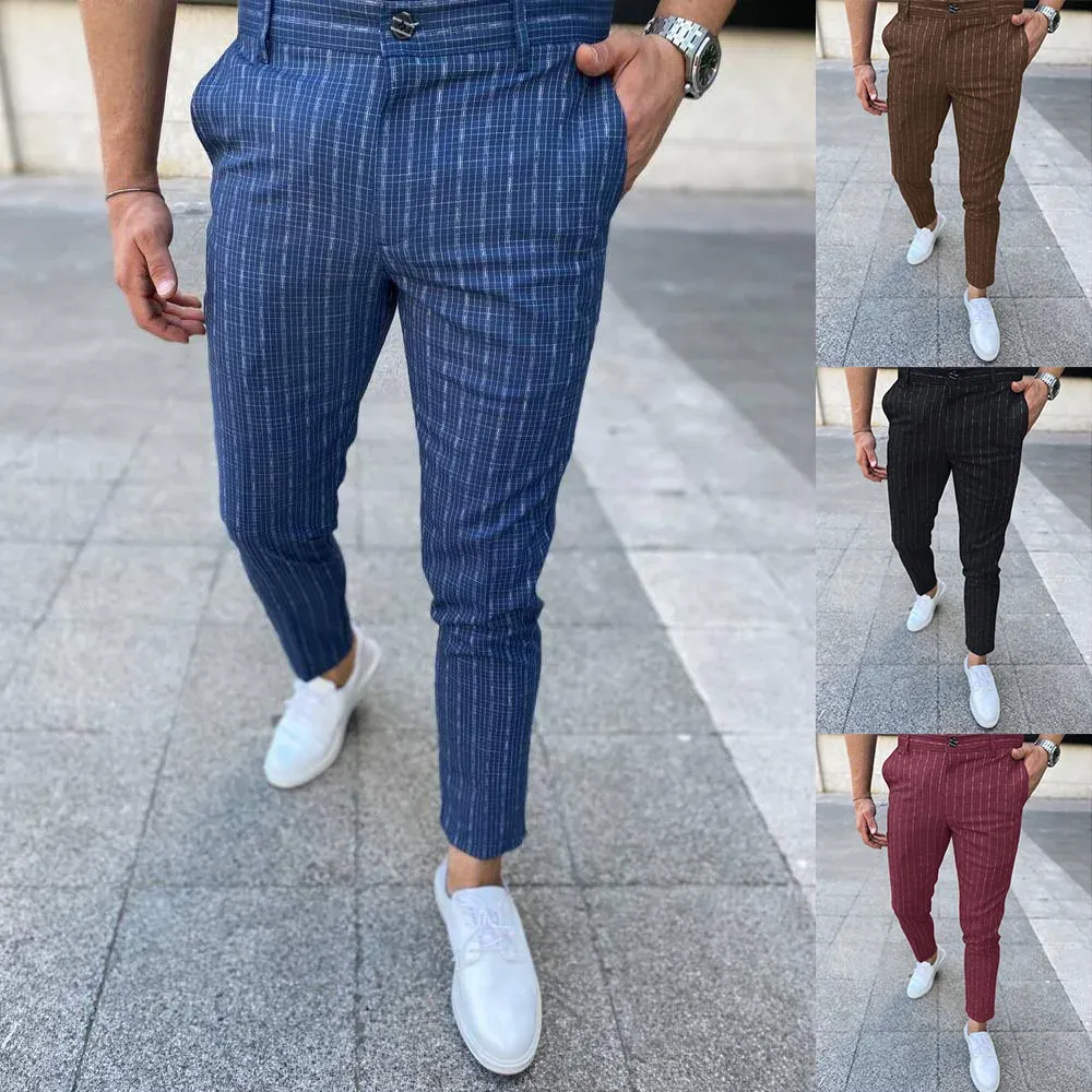 Pantalon à carreaux pour hommes, décontracté, à rayures progressives, pour affaires, fête sociale, costume formel, extensible, confortable, crayon, nouveau