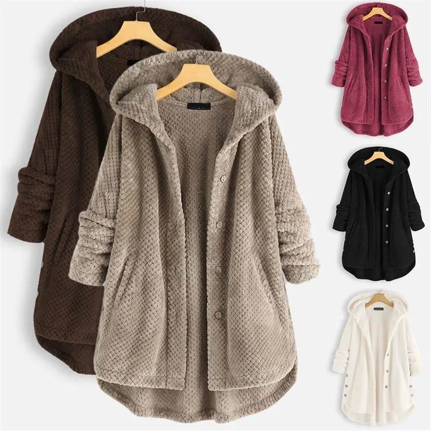 Kvinnors plus storlek Ytterkläder rockar Kvinnors fleece oregelbunden långärmad knapp Pocket Huven Coat 2022 Autumn Winter WO302H