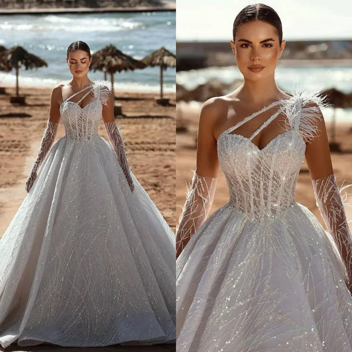 Sequined Ball Gown Wedding Dresses Sexy One Shoulder Feather Beach Bridal Gowns vestidos de novia Boho Custom Made