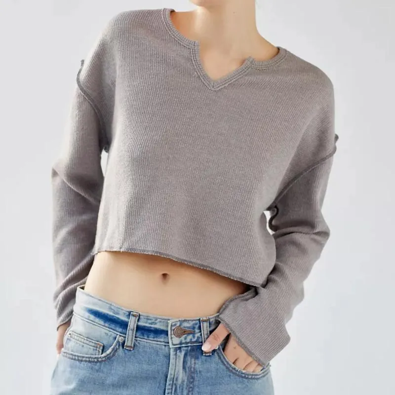 Damen-Kapuzenpullover, V-Ausschnitt, lässiges T-Shirt, übergroßes Crop-Top, einfarbig, einfach, kurz, lockere Passform, Basic, gemütlich, Streetwear, Ropa de Mujer