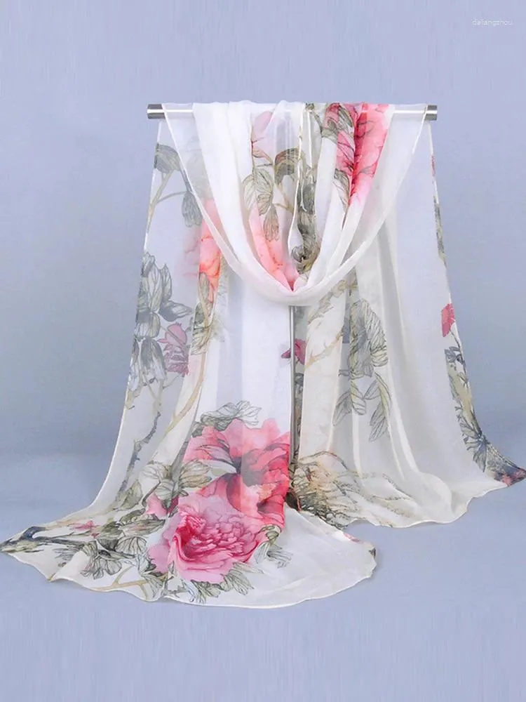 Scarves 160x50cm Georgette Chiffon Scarf Long Shawl Wraps Beach Sunscreen Hijab Elegant Thin Outdoor Flower Print