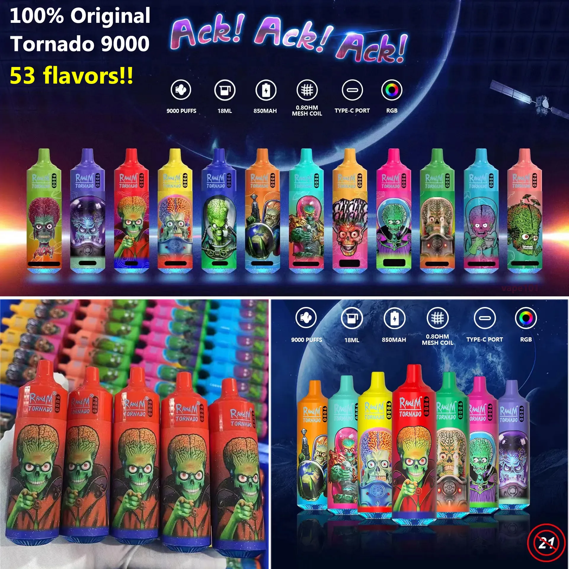 Autentyczny Randm Tornado 9000 Puffs Do dyspozycji Vape 0,8OHM Cewka z siatki 18 ml strąka akumulatorowa akumulator elektroniczny CIGS 9k 0% 2% 3% 5% papierosy RGB Light 53 Flavors