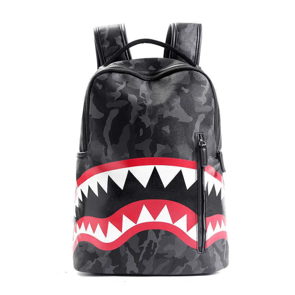 2023 New Men 's Shark Pattern High Appleg Plaid Backpack College 학생 트렌드 여가 여행 배낭 배치 230423