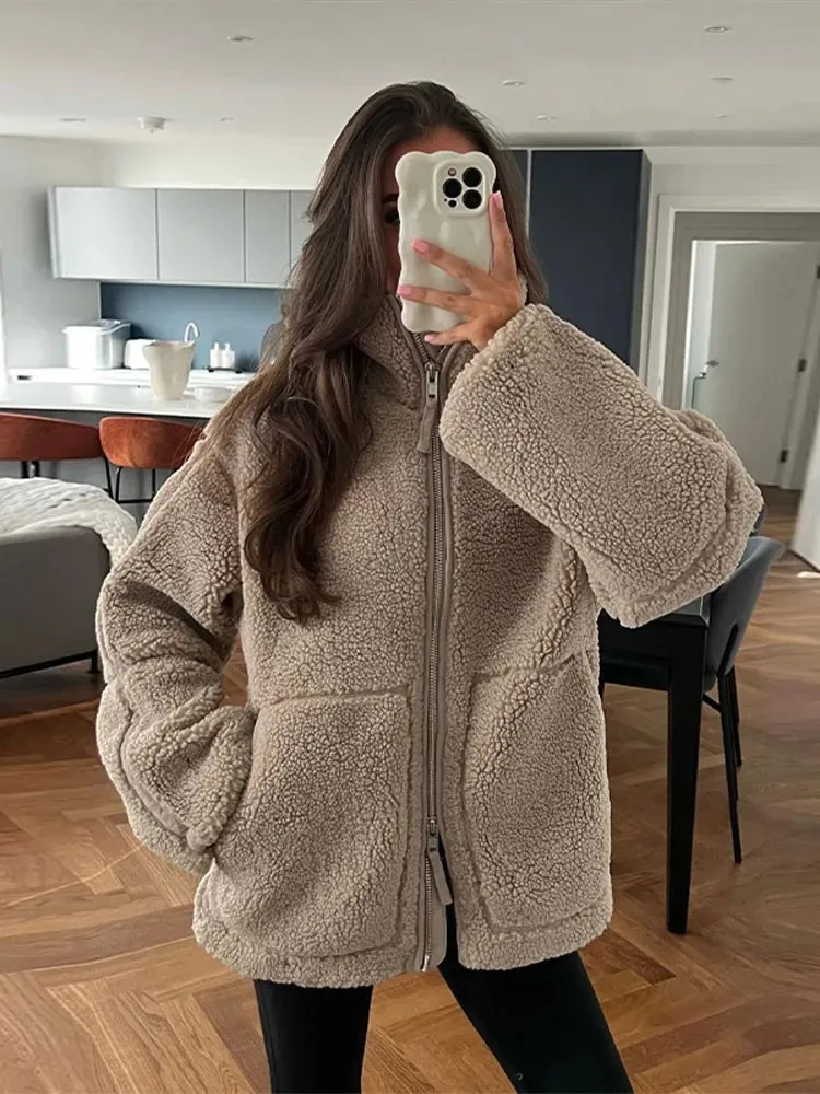 Kvinnorjackor Solid Casual Loose Zippered Plush Jacket Women's Fashion Elegant Long Sleeve Overcoat 2023 Autumn/Winter Thick Warme Wear 231018