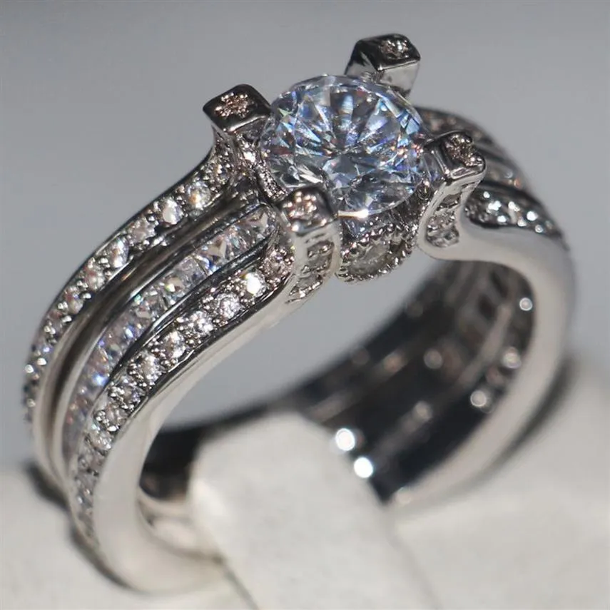 Victoria top vender grande promoção moda jóias 925 prata esterlina corte redondo branco topázio cz diamante casamento feminino casal anel set312w