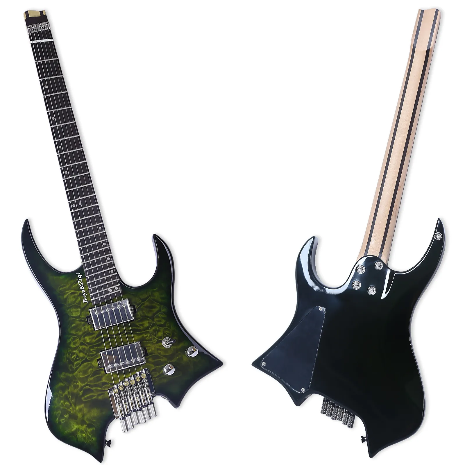 BOYAZIQI Huvudlös elektriska gitarr Lizard-6, Fanned Bels, oberoende justerbar bro, delad spolkontroll, 5-delad lönn/streckad ebenholts nacke