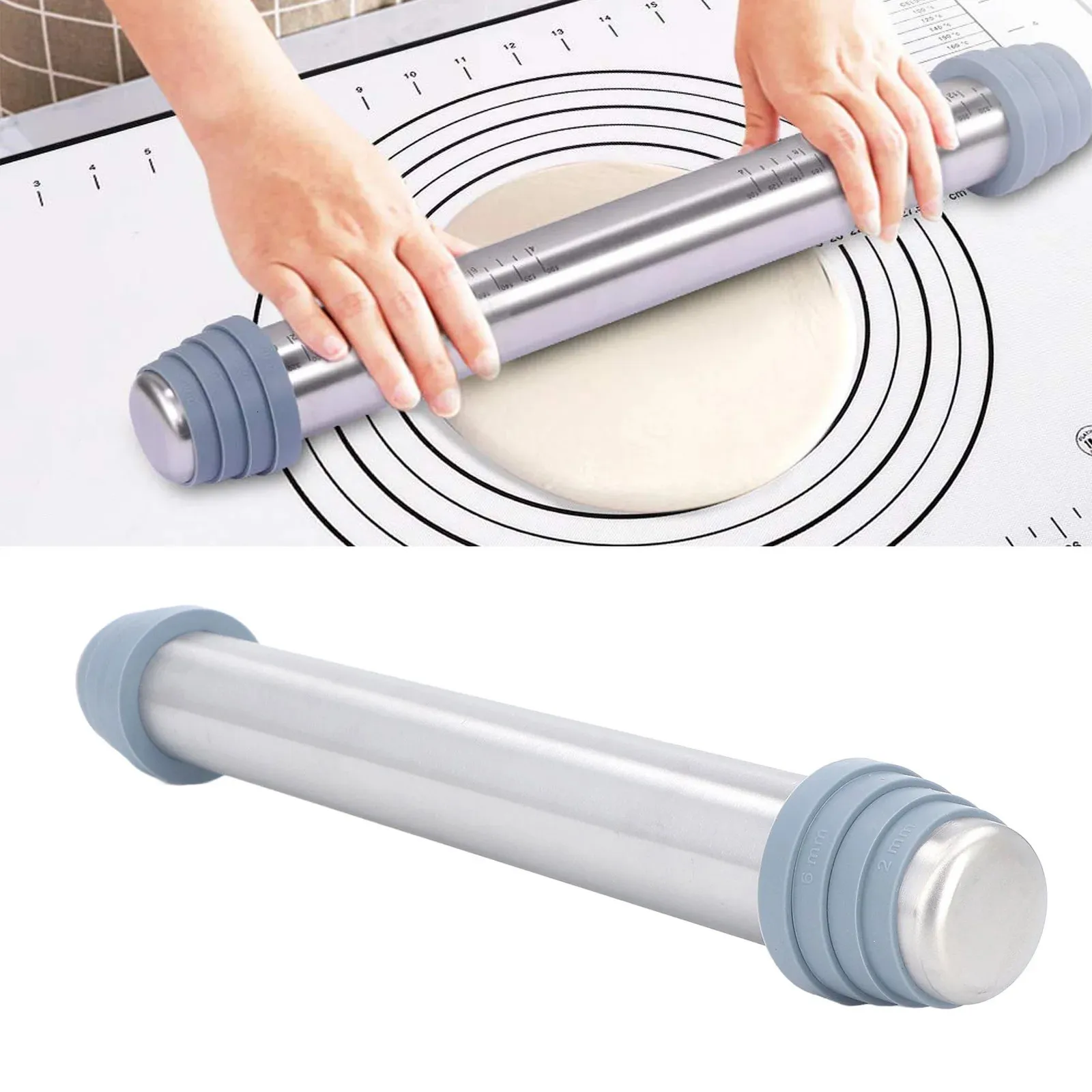 Roller Guide Rings Rolling Pin with Thickness Rings Stainless Steel Dough Roller with ...