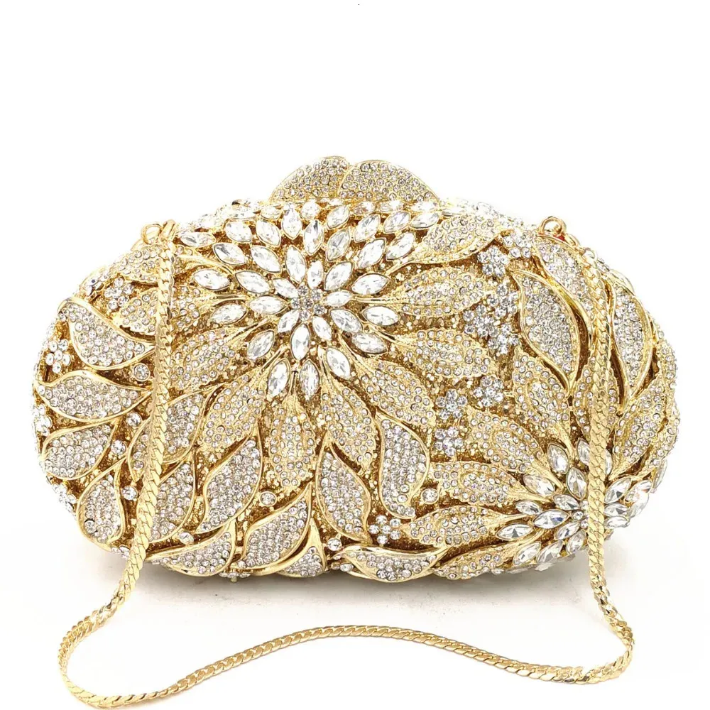 Kvällspåsar Guldmetallblad Vita kristaller Koppling Luxury Women Wedding Party Purse Ball Handväskor Mini Heart Bag 231017