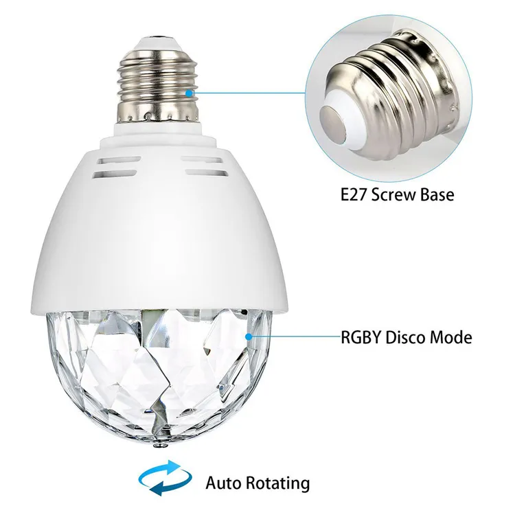 E27 RGB Crystal Ball 360° Rotating LED Stage Light Bulb Disco Party Bulb  Lamp 6W