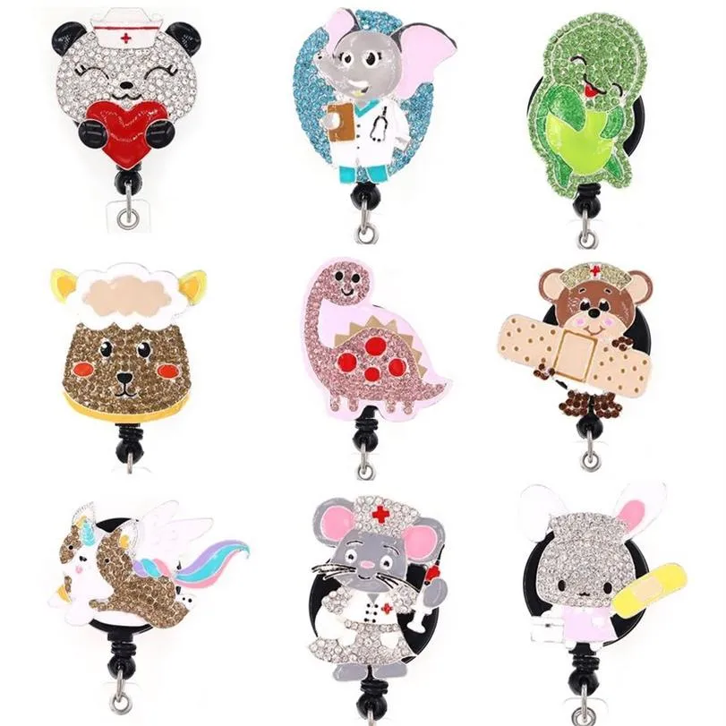 Nyaste nyckelringar Rhinestone Medical Cartoon Animal Nurse Infällbart ID Badge Holder Pull Reel270p