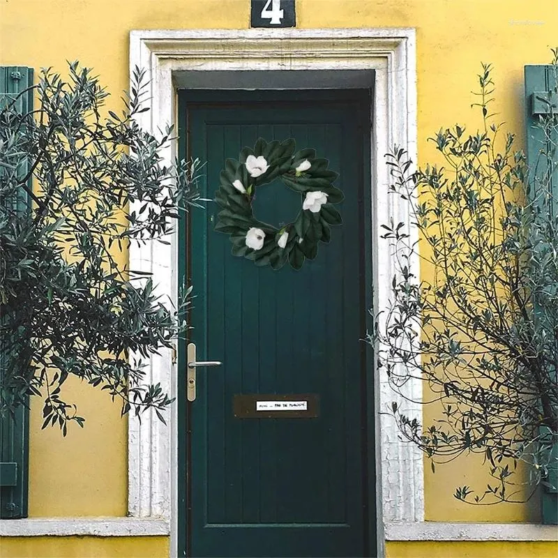 Couronne de magnolia artificielle de fleurs décoratives avec des feuilles de 20 pouces pour la décoration de la porte d'entrée