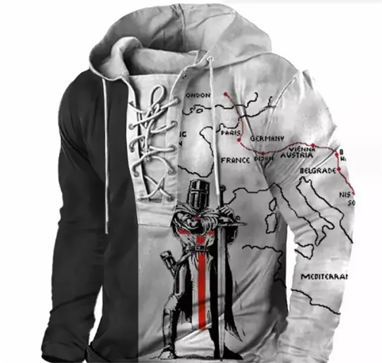 Customized Tees & Polos 021 Map Knight Mens Hoodie Loose Sweater Long sleeved Coat