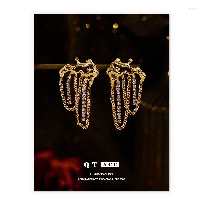 Hoop Earrings Brass Plated 18K Genuine Gold French Ins With Light Luxury And Exquisite Temperament. Zircon Tassels Irregular Hollow