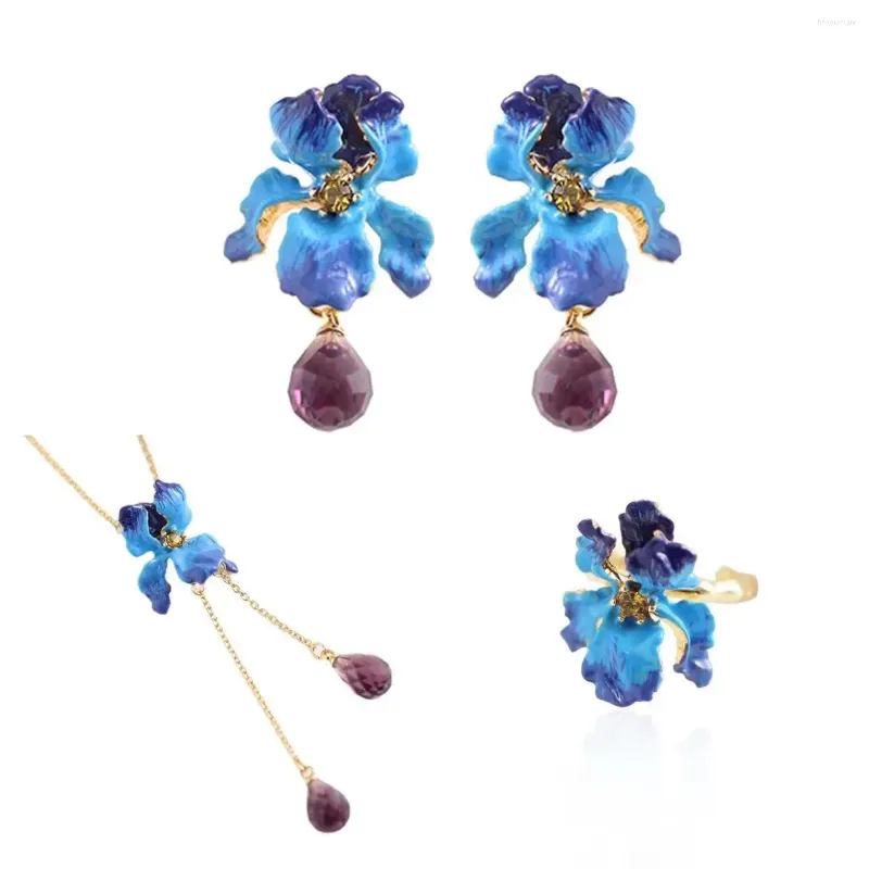 Necklace Earrings Set Blue Gradient Iris Tie Ear Studs Clip Ring Fresh And Elegant Enamel Glaze Female