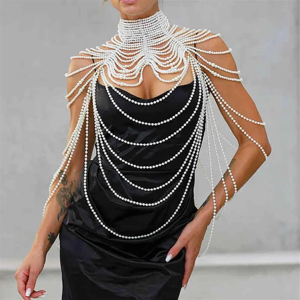 Women Pearl Shawl Necklaces Body Chain Sexy Beaded Collar Shoulder Pearl Bra Top Sweater Chain Wedding Dress Body Jewelry 211214182e