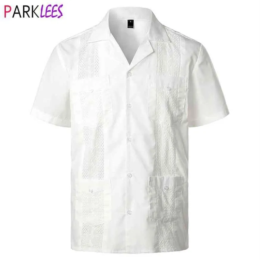 Branco cubano acampamento guayabera camisa masculina elegante bordado tecido botão-para baixo camisas dos homens mexicano estilo caribenho praia camisas 2xl 21293e