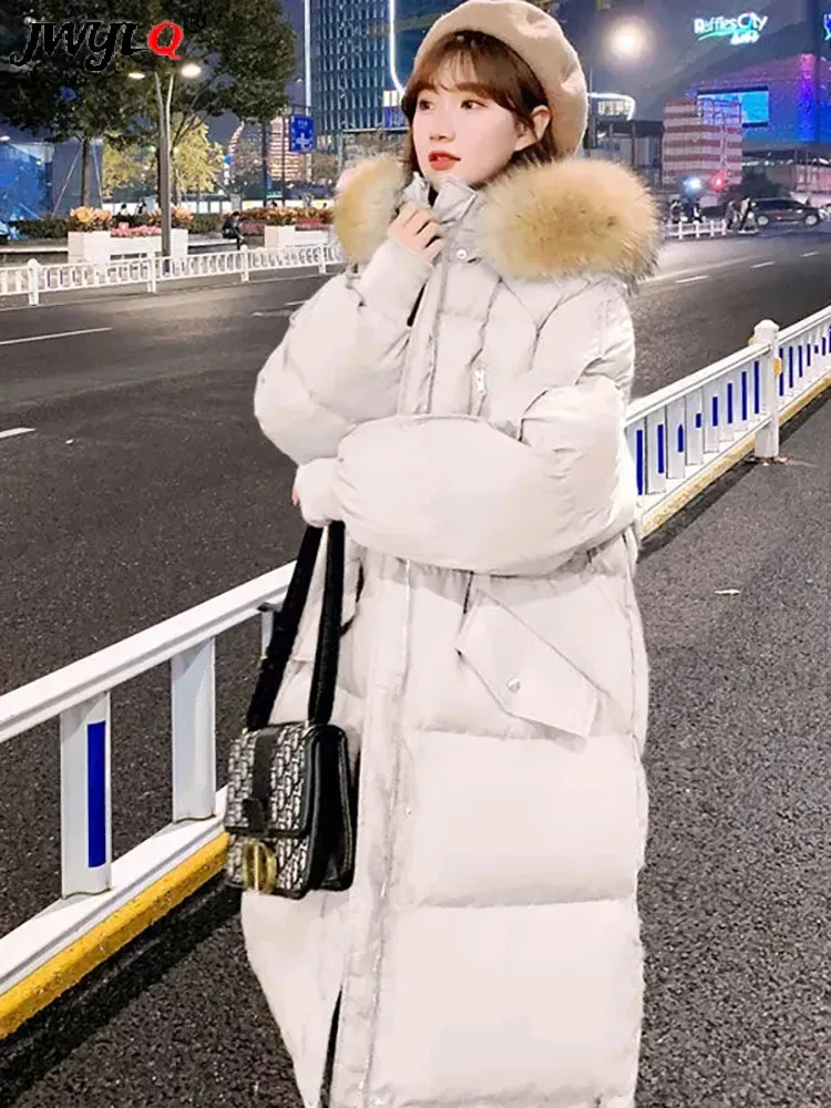 Womens Down Parkas Winter Faux Fur Collar Long Hooded Parka Women 95kg Loose Warm Cotton Jackets Korean Fashion Snow Wear Padded Quilted Overcoats 231018