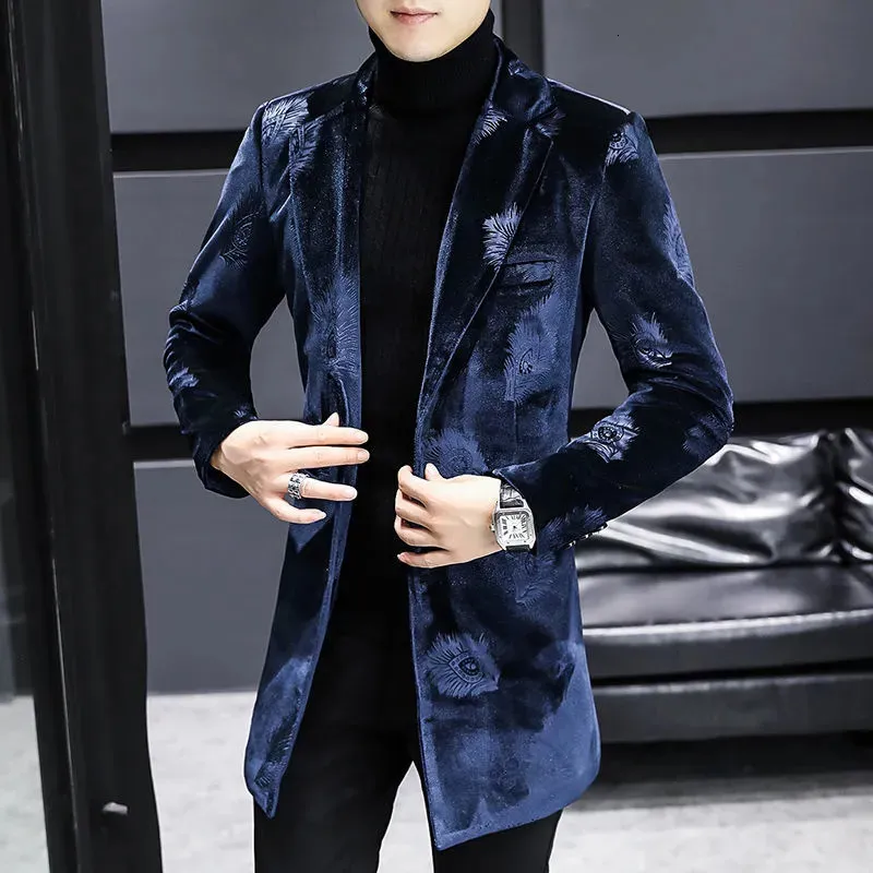Heren wolmix koningsblauw print fluwelen warme jas designer heren winterjas trendy slim fit lang en voor 231018