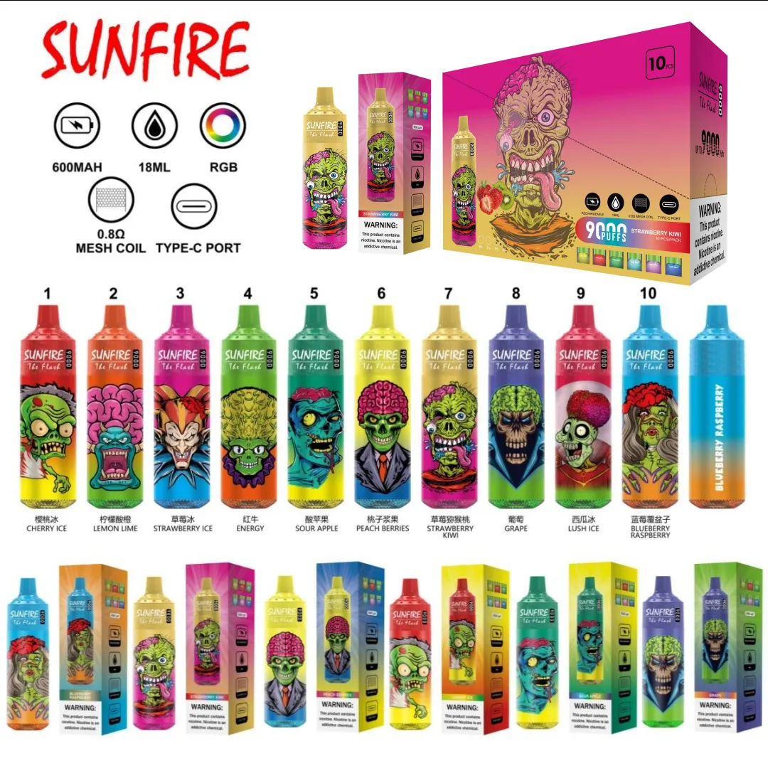 Popular Sunfire Tornado 9k puffs 9000 Disposable Vape Pod 18ml Pre-filled Vapor Mesh Coil Chargeable Colorful Design RGB Light eCigs Portable Vaporizer Puffs 9k 7k