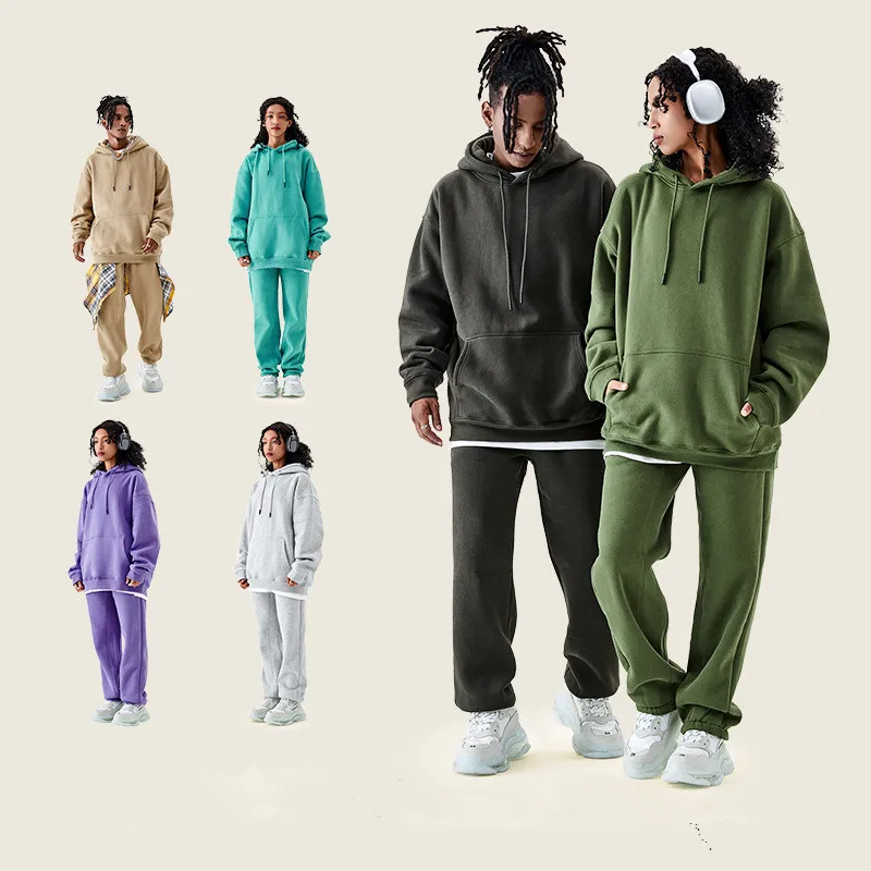 Wholesale Heavy Cotton Blend Fleece Sweatsuit Unisex Blank Plain Loose Hoodie Tracksuit Sweatpants Sweater Autumn Winter Pullover Streetwear Tops
