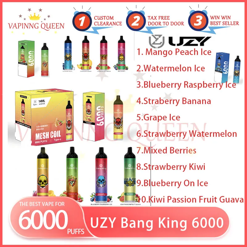 Original UZY Bang King 6000 Puff jetables E cigarettes 0.8ohm maille bobine 14 ml Pod batterie rechargeable électronique Cigs Puff 6K 0% 2% 3% 5% Vape jetable