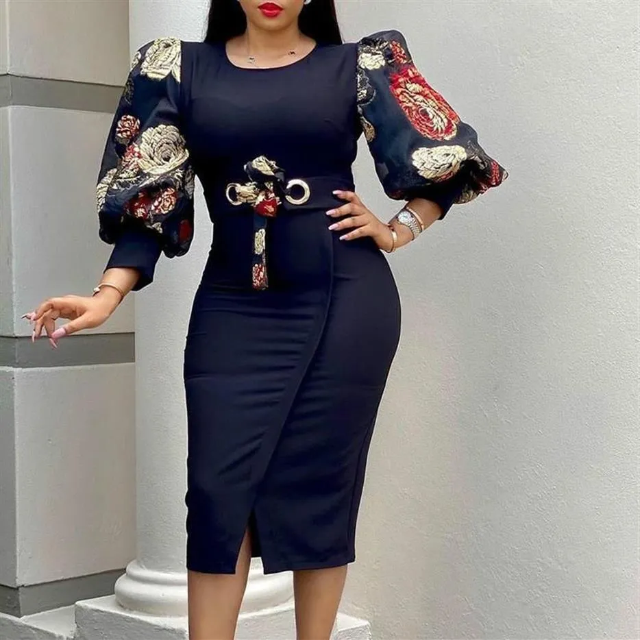 Femmes noires robes moulantes élégant lanterne manches grande taille robe d'été 2021 imprimer dames africaines fête d'anniversaire Casual278Z