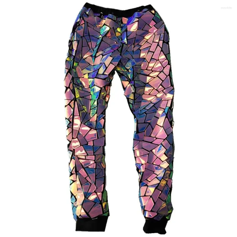 Calças masculinas roxo azul laser lantejoulas casual hip hop dançarino glitter prata espelho calças boate festa mostrar rave outfit traje