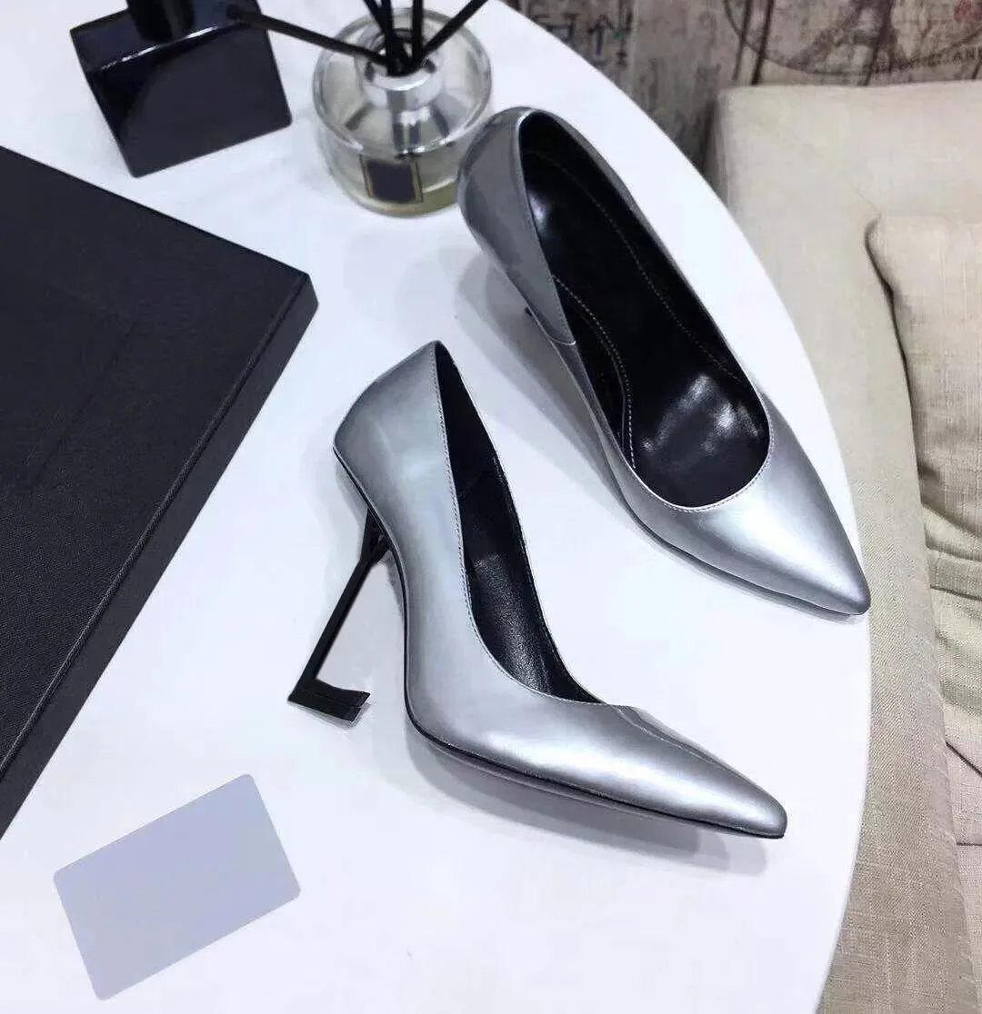 Designer SHoes Sexy pointed leather Metal heel Dress shoes bar party Dance Thick heel high heels 100% cowhide black women 10cm high-heeled boat shoe size 34-40-41 With box