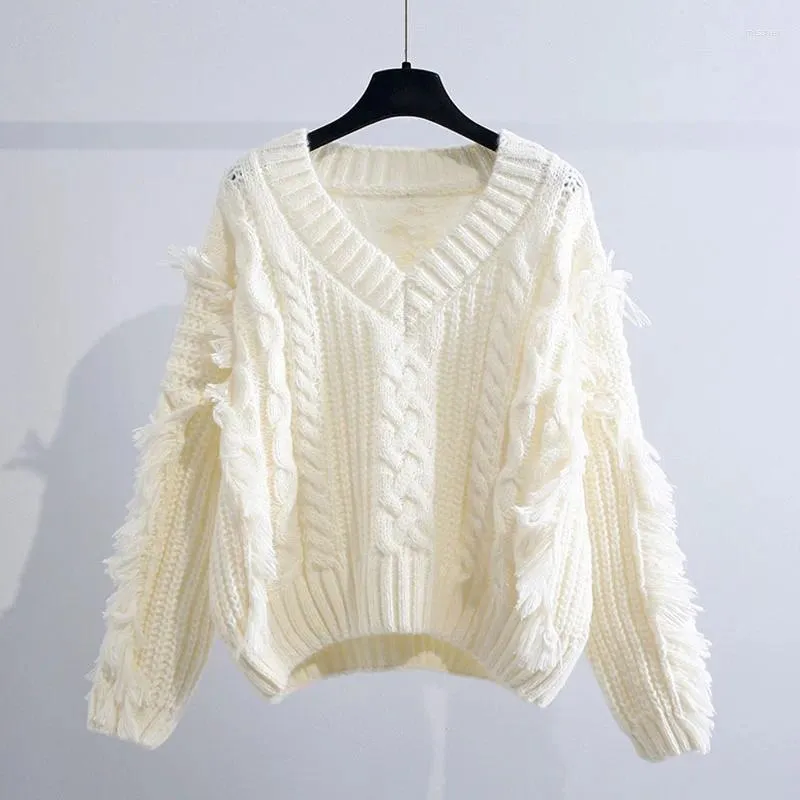 Женские свитера, осенне-зимний свитер, вязаный топ с длинными рукавами, корейский модный белый женский пуловер с кисточками, 2023