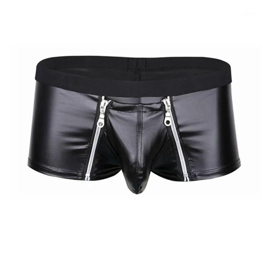 Underpants Mens Lingerie Faux Leather Underwear Bulge Bolsa com fecho de zíper duplo Boxer Briefs Low Rise Sexy Masculino Panties272y