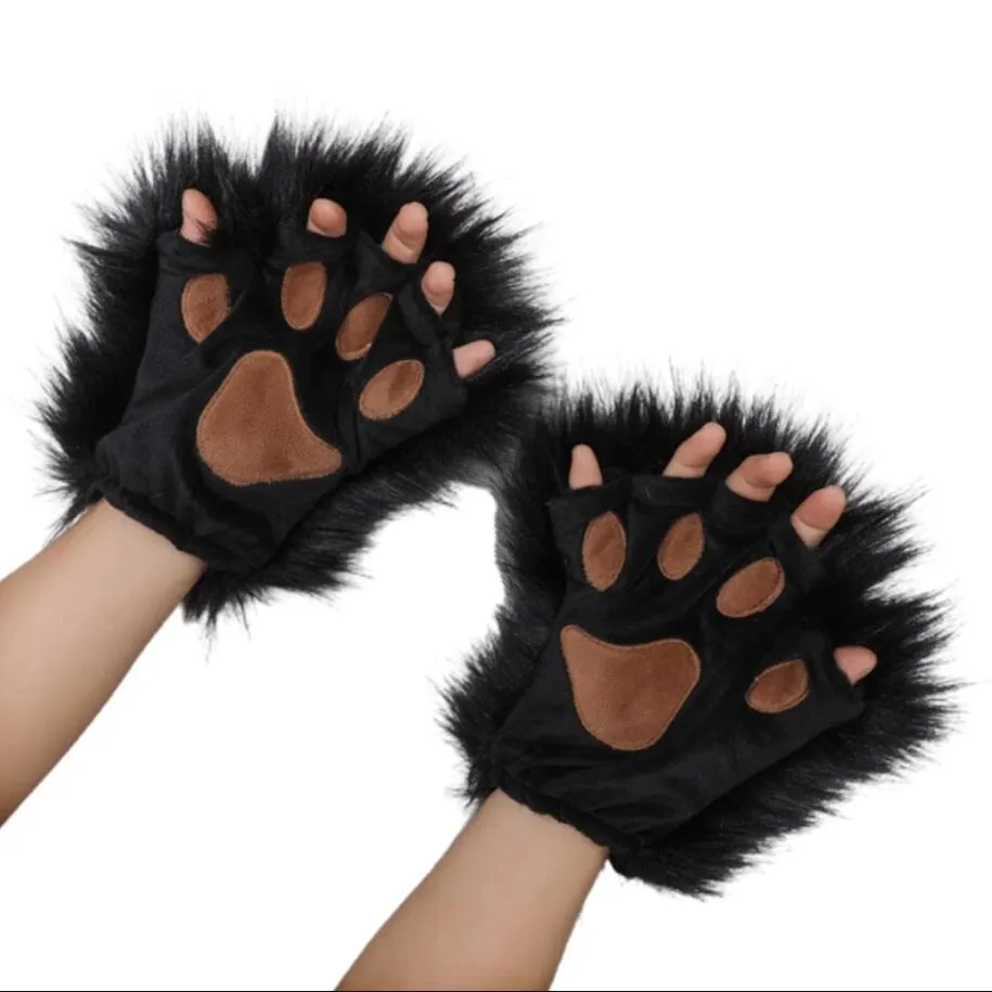 Mulheres meninas luvas de garra de animal de pelúcia meio dedo lobo luvas de pata de gato halloween lolita cosplay anime conjunto acessórios