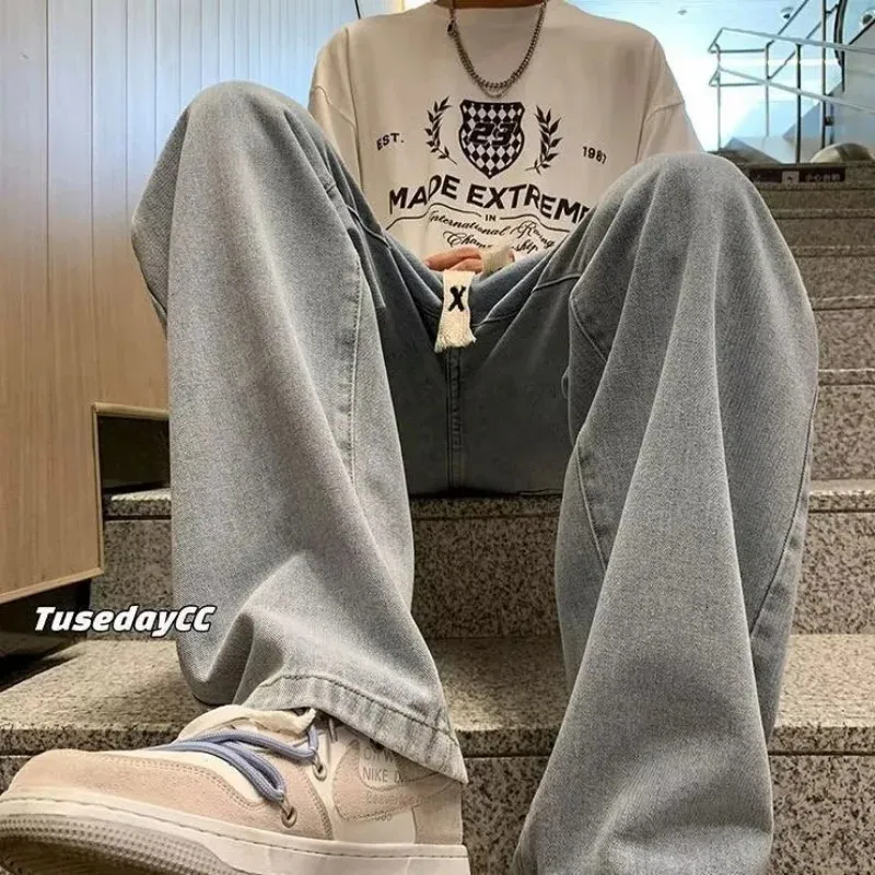 Men's Hoodies Sweatshirts 2023 Streetwear Baggy Jeans Pants Classic All match Solid Color Straight leg Denim Wide leg Male Y2k Casual Trousers 231018