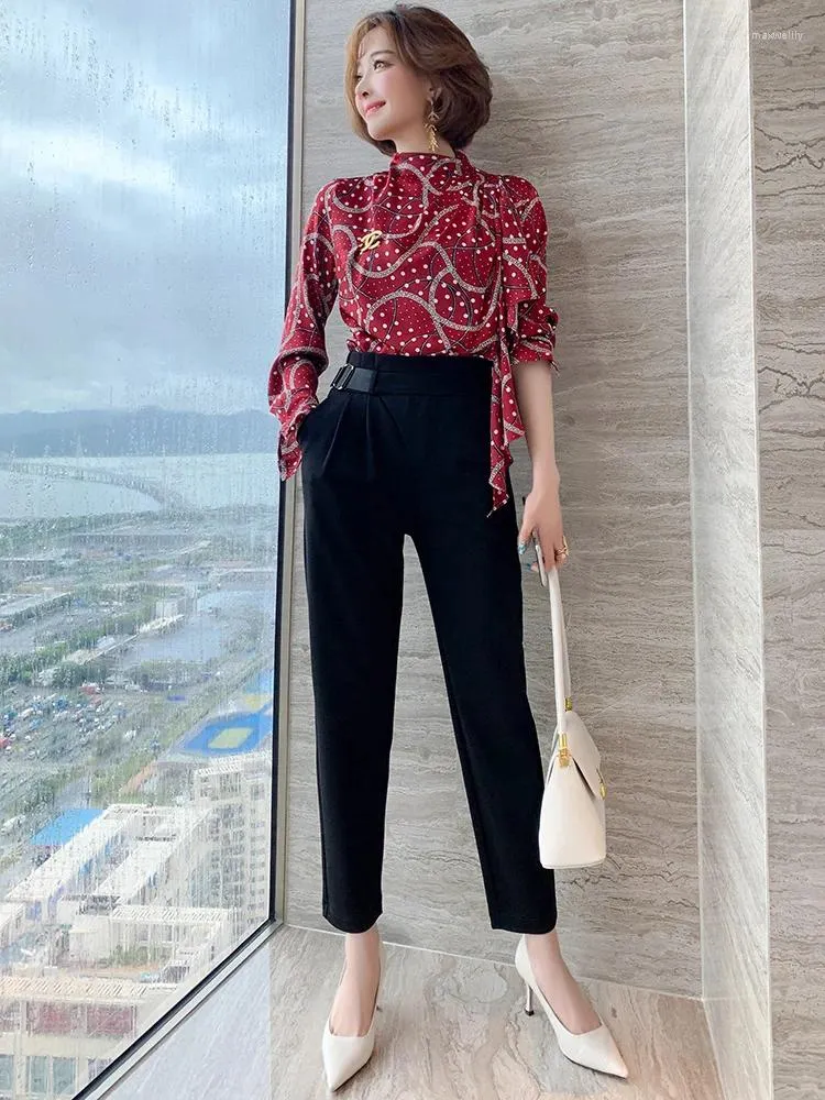 Work Dresses Vintage Printed Ruffle Shirt High Versatile Suit Pants Women 2023 Spring Quality Top