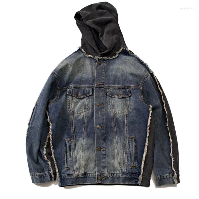 Herrjackor bambu bomull multi material lapptäcke denim jacka män vintage tvättade trasiga jeans kappa hane