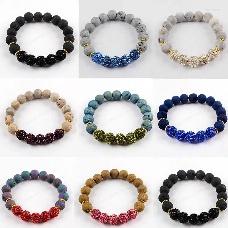 Strand Disco Ball Beads Bracelets 10mm Round Natural Stone Druzy Agate Elastic For Couple Women Men Jewelry Gift Drop