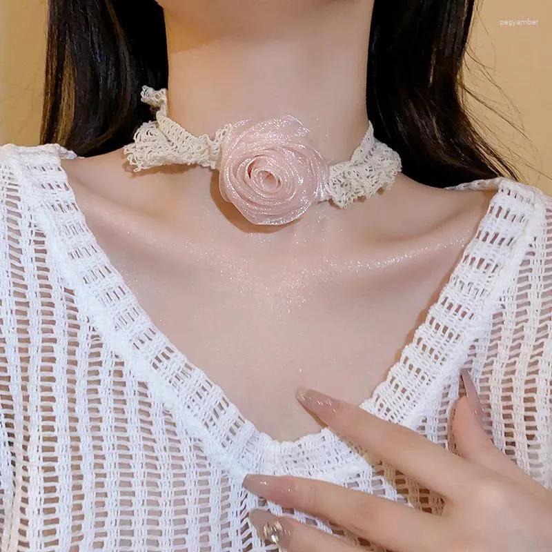 Choker AOMU Vintage Pink Dinner Party Big Flower Lace Collar Elegant Neck Band Necklace Head For Women Girl Fashion Jewelry