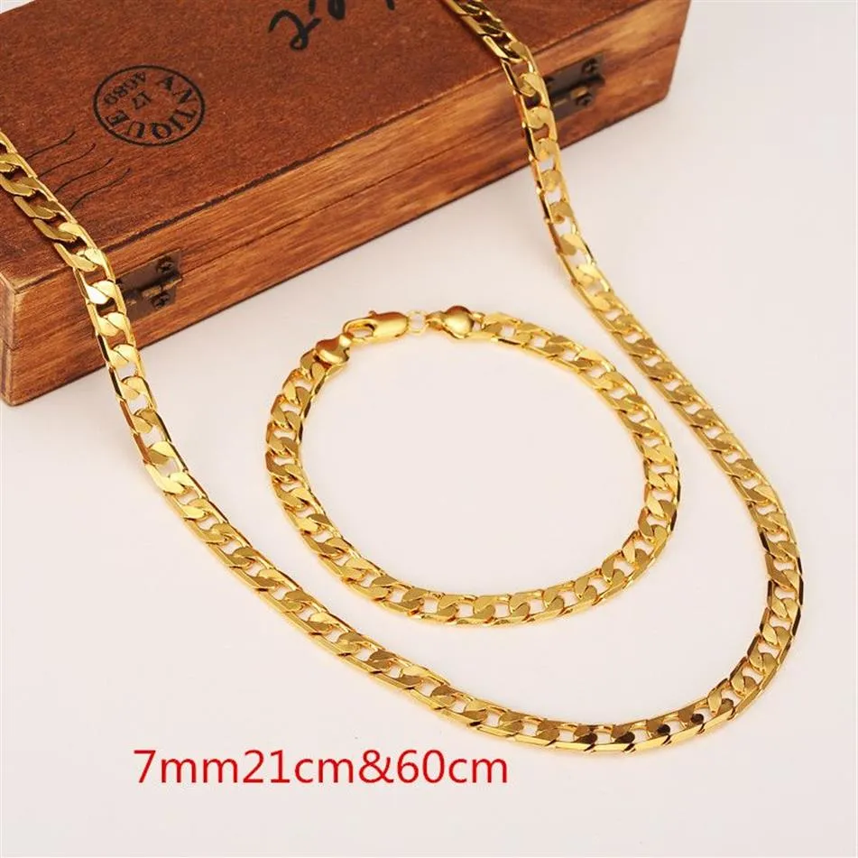 Kvinnor Mens Chain 14k Golden GF Chain Curb Link Gul Solid Gold Filled Necklace 600mm Armband 210mm 7mm Chain Jewelry Sets284e