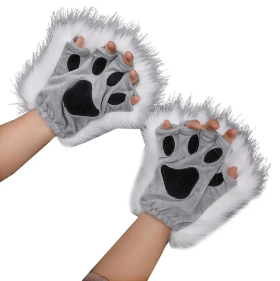 Ladies Animal Paw Gloves Winter Fingerless Gloves Fluffy Bear Cat Plush Paw Claw Half Finger Glove Half Cover Woman Mitten Hot