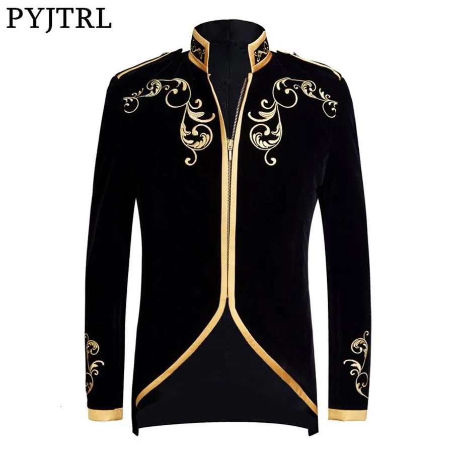 Pyjtrl British Style Palace Prince Prince Fashion Black Velvet Gold Embroidery Blazer Wedding Groom Slim Fit Suit Jacket Singers Coat CJ1238B