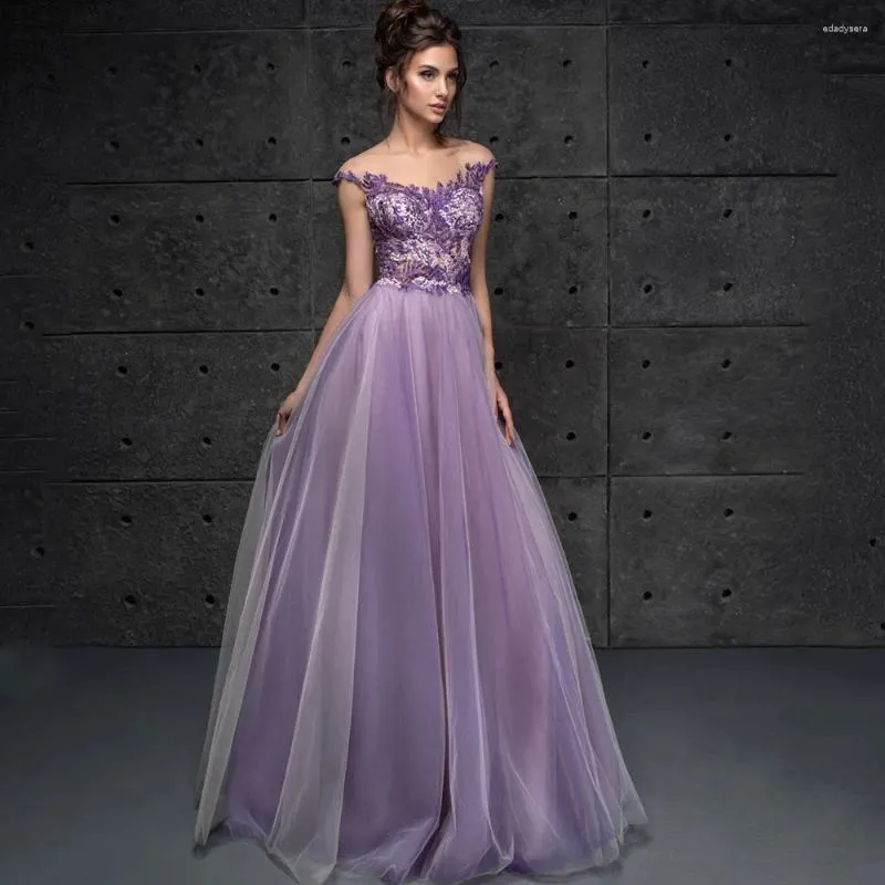 Robes de soirée fantaisie violet col rond appliques robe de soirée tulle illusion manches courtes a-ligne longueur de plancher pour les femmes robe