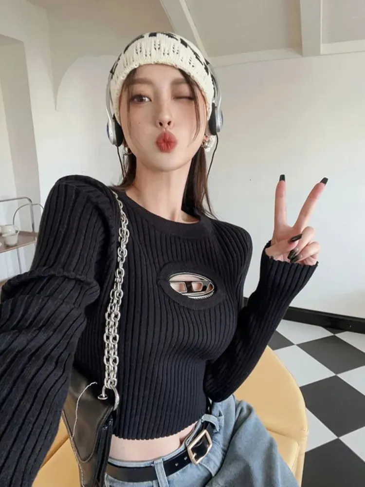 Dames Knits Tees Deeptown Koreaanse Mode Cropped Sweater Dames Vintage Hip Hop Sexy Slim Hollow Out Pullover Casual Chic Knitwear Y2K Tops Grunge 231018
