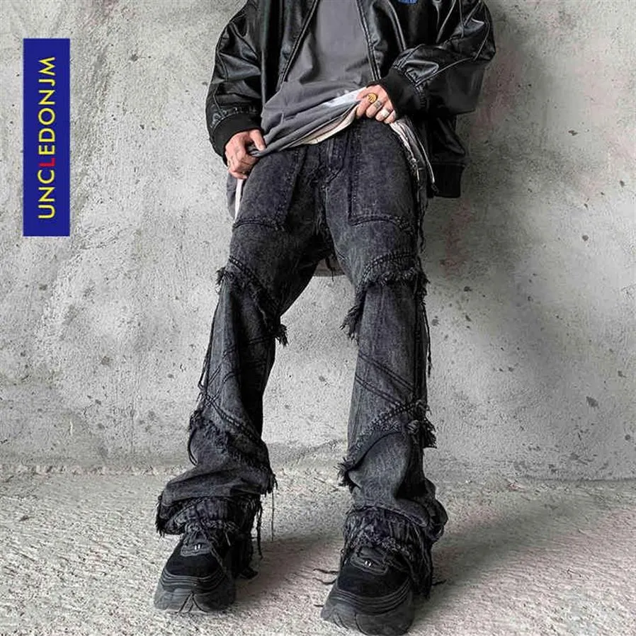 UNCLEDONJM расклешенные джинсы в стиле хип-хоп, мужская одежда, уличная одежда с широкими штанинами, черная готическая одежда для UZ69244A