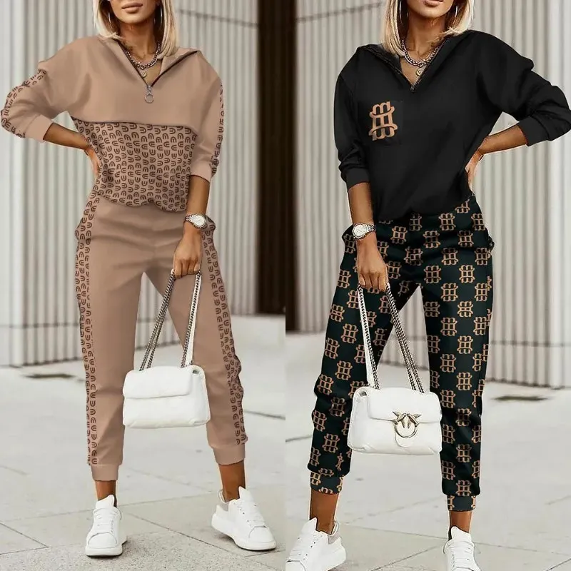 Kvinnors tvåbitar byxor Fashion Women Plaid Print dragkedja Front Hooded Top Pants Set Two Piece Suit Flare Pants Outwear 231017