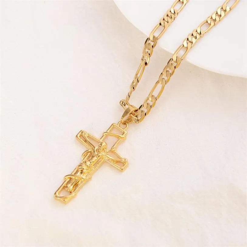 18 K Solidny drobny żółty złoto wypełniony Jezus Crucifix Cross Cross Ramka Włoska Figaro Link Naszyjnik 60 cm 3mm233k