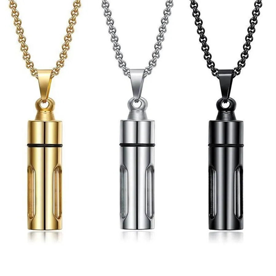 Pendant Necklaces Men Glass Cylinder Essential Oil Perfume Necklace Cremation Stainless Steel Male Choker Jewelry286x