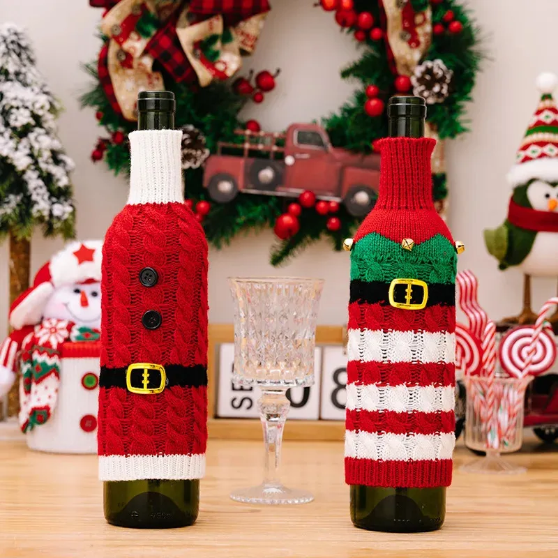 Decorações de Natal 2024 Knit Wine Bottle Cover Cinto Vermelho Listrado Spirit Bag Home Sala de Jantar Decoração de Mesa 231018