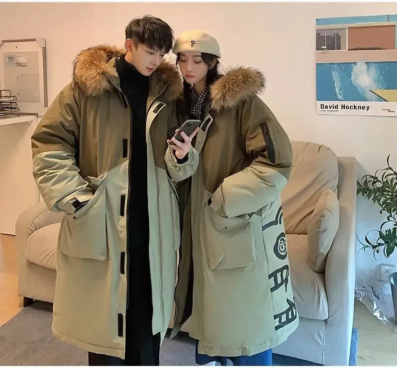 Mens Down Parkas Hooded Jacket Couple Midlength Overtheknee