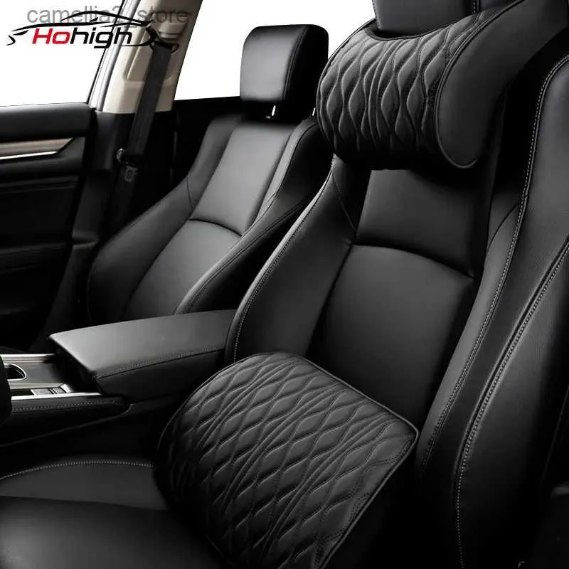 シートクッションメモリフォームカーヘッドレスト枕レザー刺繍入りシートセットセットバッククッション調整自動首のレスト腰部枕Q231018