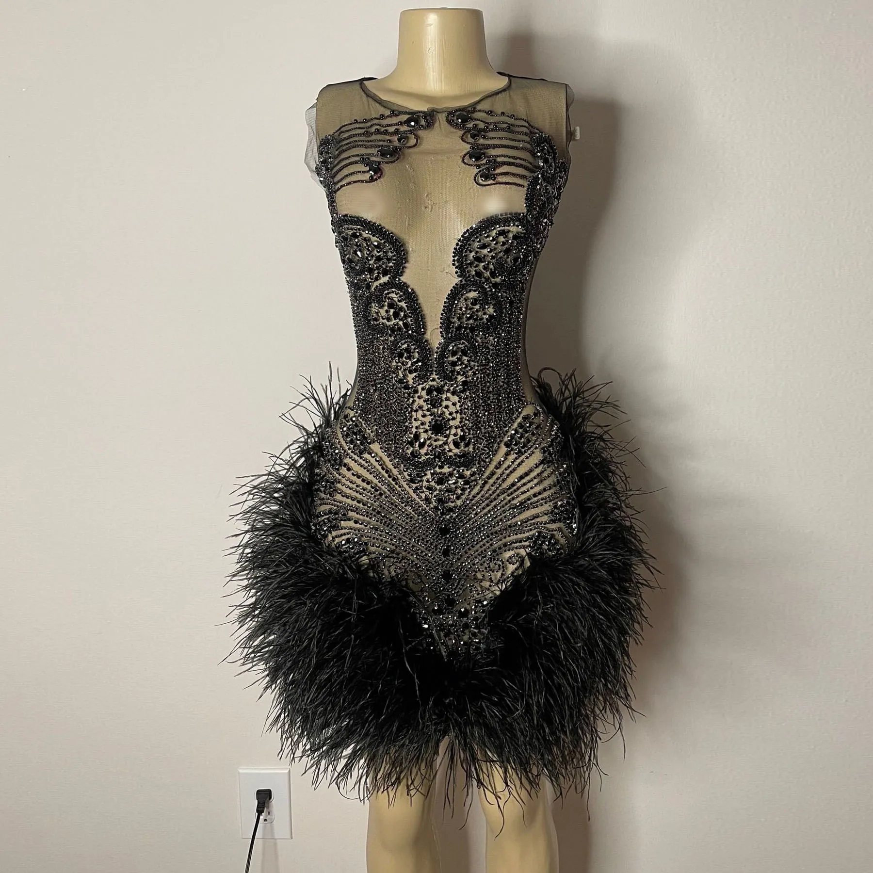 Save Big on Bulk Black Rhinestone Homecoming Dresses Black Rhinestone  Homecoming Dress Black Rhinestone Homecoming Dress, Short Cocktail Gown, Sheer Silver  Diamond Feather, Backless Beaded, 2024 Prom Dresses From Alsenlife, $137.49  | DHgate.Com