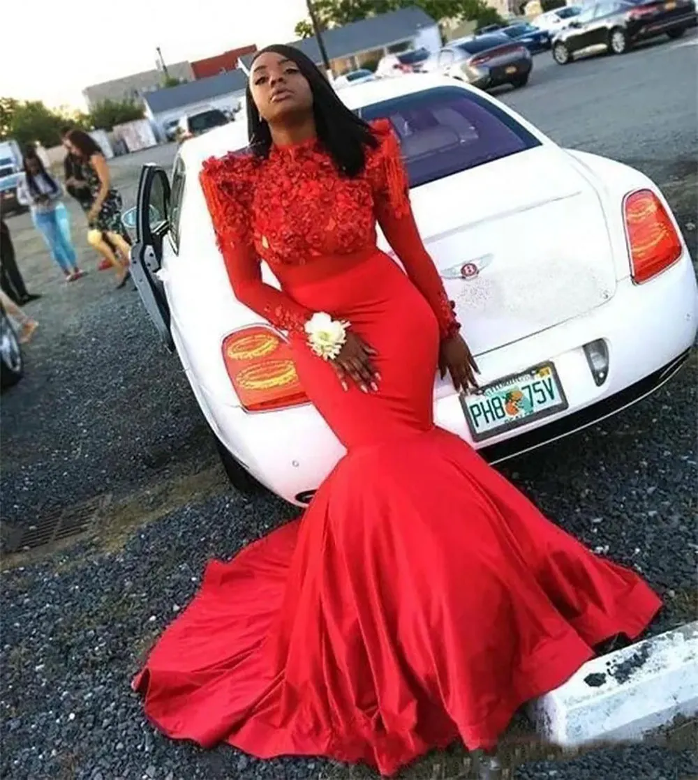 Red Satin Mermaid Long Sleeve Evening Gowns With Custom Lace Up